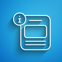 Obraz premium White line Information icon isolated on blue background. Long shadow. Vector
