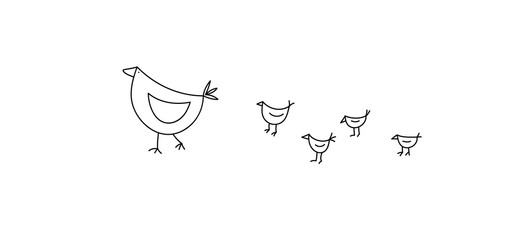 Vector Monoline Cute Bird hen with chickens. line art outline logo icon sign symbol design concept. Children scandinavian style illustration