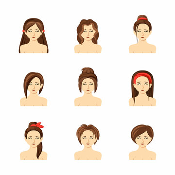 woman hairstyles. stylish fashioned long and curly hair types. Vector cartoon templates