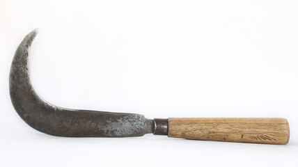 Traditional Sickle with wooden handle in White Background or isolated background.