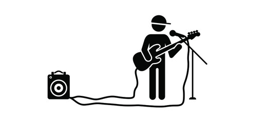 Stickman, stick figure man singer and guitar amplifier. Musician, guitar player or guitaris Cartoon bass, acoustic, ryock electric, guitars headstock. Music silhouette Vector guitars icon or logo.