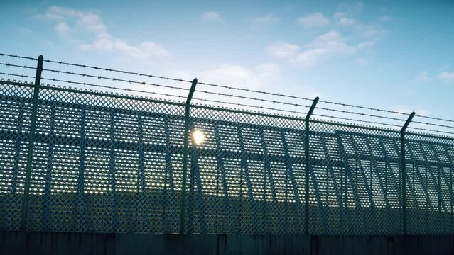 Sun rays shining through a double security fence at sunset. Border fence at desert.