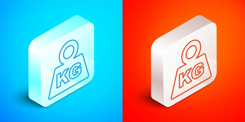 Isometric line Weight icon isolated on blue and red background. Kilogram weight block for weight lifting and scale. Mass symbol. Silver square button. Vector