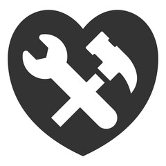 Wrench and hammer in the heart, tools for work - vector sign, web icon, illustration on a white background, glyph style