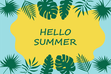 Hello Summer botanical banner. Bright multicolored illustration. Vector illustration.