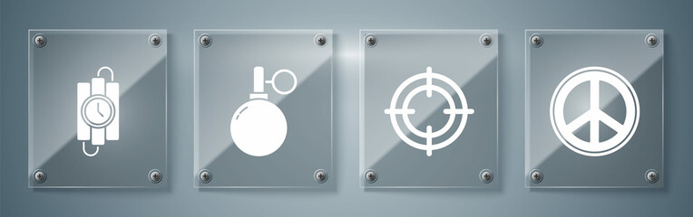 Set Peace, Target sport, Hand grenade and dynamite stick and timer clock. Square glass panels. Vector