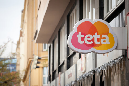 PRAGUE, CZECHIA - NOVEMBER 2, 2019: Teta logo on one of a shop in center of Prague. Teta Drogerie is a Czech chain of retail stores selling cosmetics, healthcare items household products & perfumes