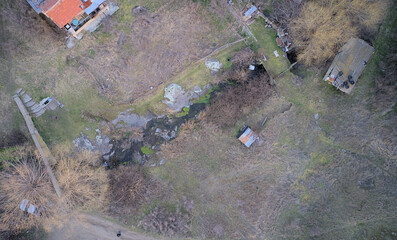 Aerial photography from a drone. View of the fields and the village from a height panoramic view