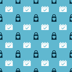 Set Shopping bag with heart and Calendar with 8 March on seamless pattern. Vector