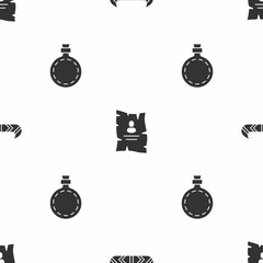 Fototapeta na wymiar Set Kayak or canoe and paddle, Wanted western poster and Canteen water bottle on seamless pattern. Vector