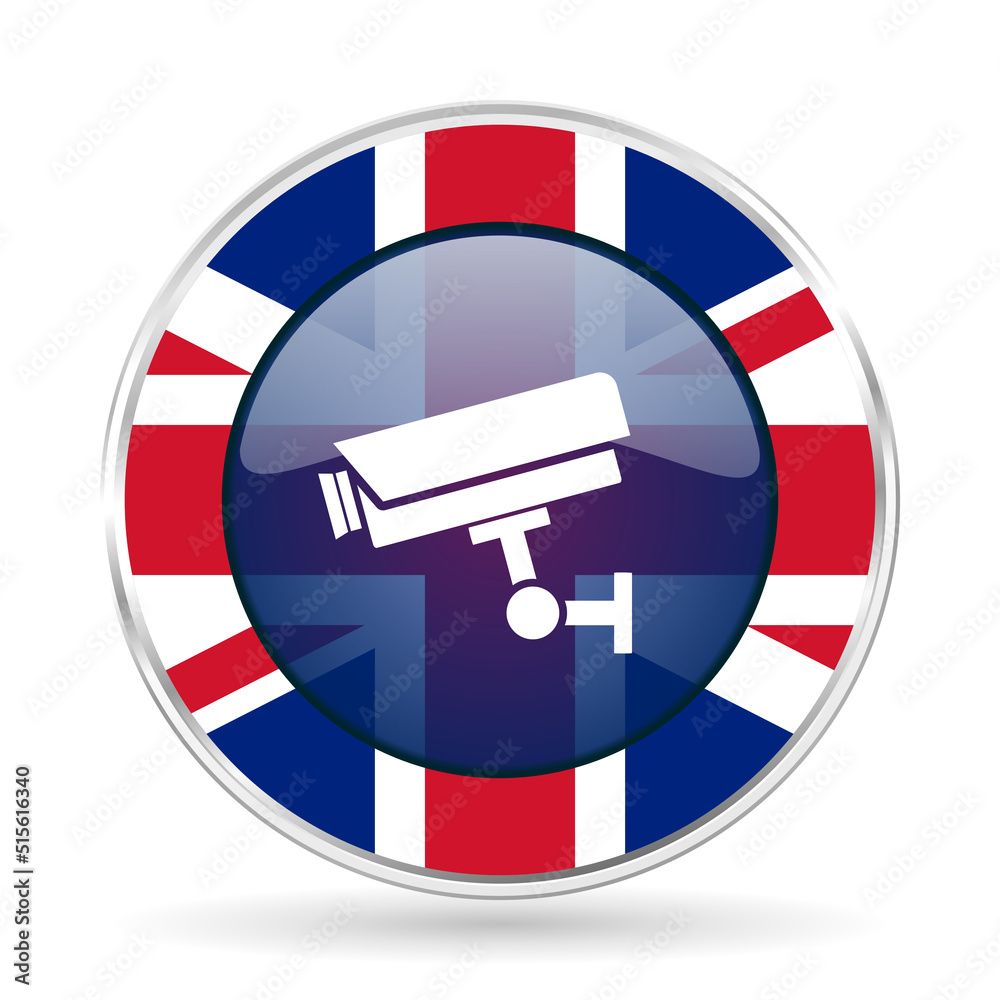 Poster cctv camera british design web icon, round glossy english concept button on white background