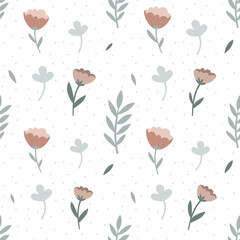 Fototapeta na wymiar Drawn flowers, branches of plants, and clover leaves. Dots on a white background, a minimalist style. Seamless pattern, gentle pastel colors. Print design for the nursery. A meadow with spring flowers
