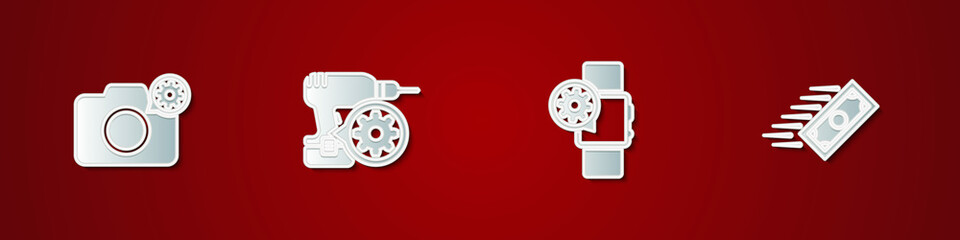 Set Photo camera setting, Drill machine, Smartwatch and Fast payments icon. Vector