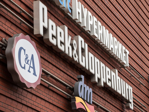 BRNO, CZECHIA - NOVEMBER 4, 2019: Peek & Cloppenburg logo in front of their store for Brno. Peek & Cloppenburg is a German fashion retailer specialized in high end clothing