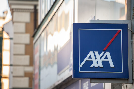 PRAGUE, CZECHIA - NOVEMBER 4, 2019:  Axa logo on their local agent in Prague. Axa is a French insurance and banking group, one of the biggest insurers of Europe