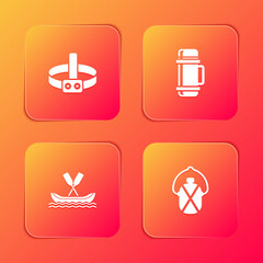 Set Head flashlight, Thermos container, Rafting boat and Canteen water bottle icon. Vector