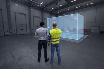logistic business, future technology and people concept - businessman showing virtual hologram to warehouse worker