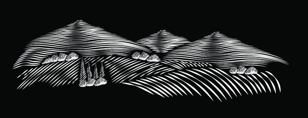 Landscape, valley, wine vector chalk engraving line illustration isolated on black background. Concept for logo, print, cards