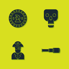Set Pirate coin, Spyglass telescope lens, captain and Skull icon. Vector