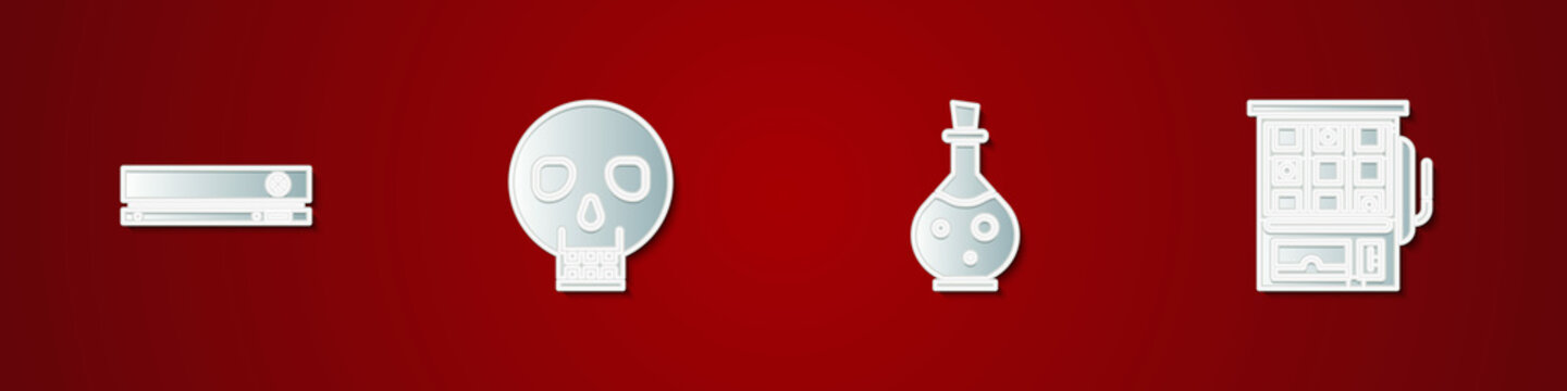 Set Video game console, Skull, Bottle with magic elixir and Slot machine icon. Vector