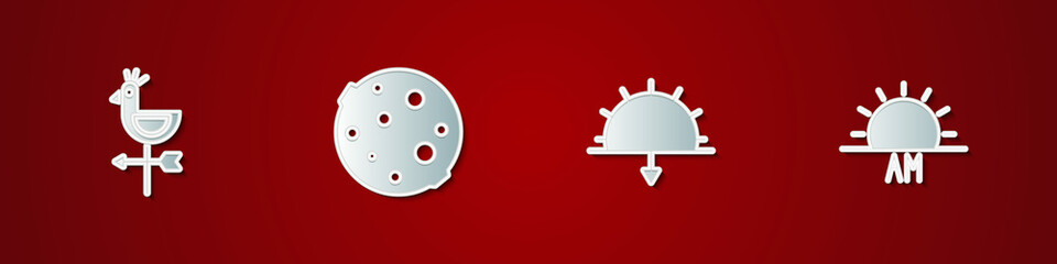 Set Rooster weather vane, Moon, Sunset and Sunrise icon. Vector