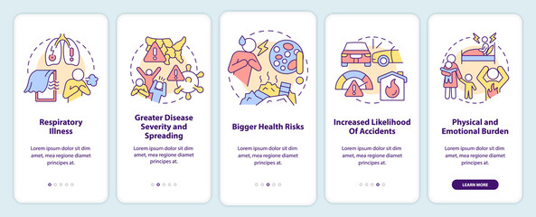 Health effects of overcrowding onboarding mobile app screen. Pandemics walkthrough 5 steps editable graphic instructions with linear concepts. UI, UX, GUI template. Myriad Pro-Bold, Regular fonts used
