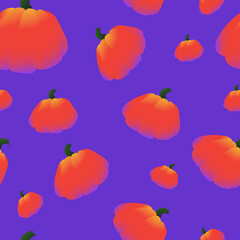 Seamless background for halloween and harvest festival in purple color with pumpkins. Vector graphics