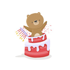 happy birthday cartoon happy holiday, bear jumps out of the cake