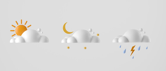 3d cartoon icon clouds set all time morning , night time and raining on white background. 3d concept for banner, cover, greeting card, brochure. 3d rendering illustration