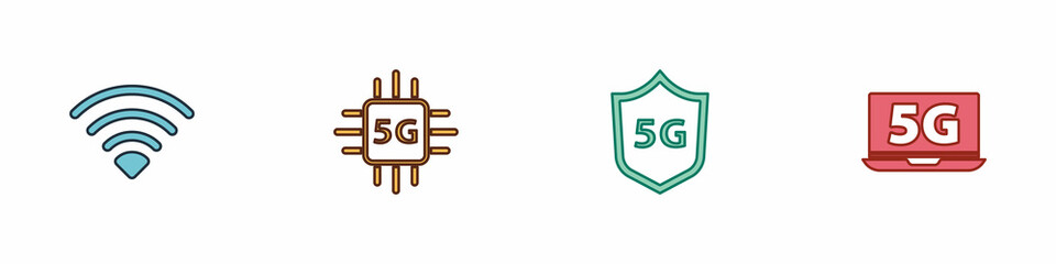 Set Wi-Fi wireless network, Processor 5G, Protective shield and Laptop with icon. Vector