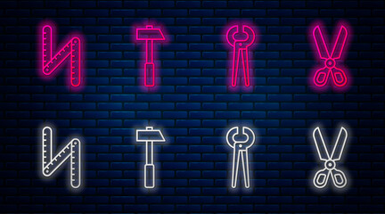 Set line Hammer, Pincers and pliers, Folding ruler and Scissors. Glowing neon icon on brick wall. Vector