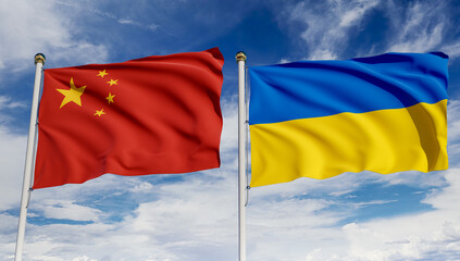 Chinese and Ukrainian flags over blue sky. Concept of diplomacy, agreement, international relations, trading, business between China and Ukraine. 3D rendering.