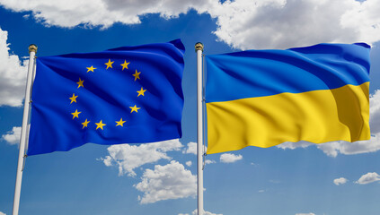 European Union and Ukrainian flags over blue sky. Concept of diplomacy, agreement, international relations, trading, business between EU and Ukraine. 3D rendering.