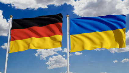 German and Ukrainian flags over blue sky. Concept of diplomacy, agreement, international relations, trading, business between Germany and Ukraine. 3D rendering.