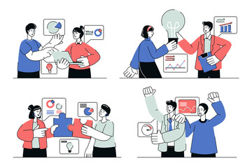 Teamwork concept set in flat line design. Men and women work together, discuss tasks, generate ideas, analyze data, collaboration and partnership. Vector illustration with outline people scene for web