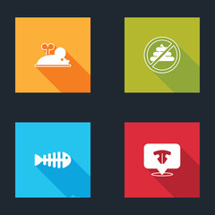 Set Clockwork mouse, No shit, Fish skeleton and Cat nose icon. Vector