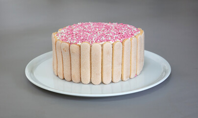 Typical Dutch mouse rusk with pink mice on a cake, baby girl shower