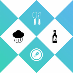 Obraz na płótnie Canvas Set Cupcake, Served fish on plate, Knife and spoon and Wine bottle icon. Vector