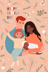 Happy family day card. Family with 2 children hugging. Support for interracial families. Flat vector illustration.