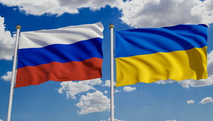 Russian and Ukrainian flags over blue sky. Concept of diplomacy, agreement, international relations, trading, business between Russia and Ukraine. 3D rendering.