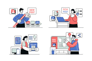 Content manager concept set in flat line design. Men and women creating graphic content, writing articles and texts to filling blogs and websites. Vector illustration with outline people scene for web