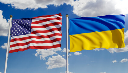 American and Ukrainian flags over blue sky. Concept of diplomacy, agreement, international relations, trading, business between USA and Ukraine. 3D rendering.