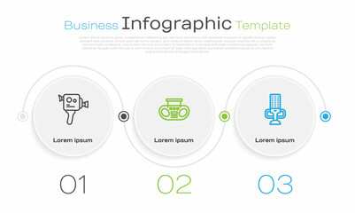 Set line Retro cinema camera, Home stereo with two speakers and Microphone. Business infographic template. Vector