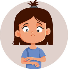Little Girl with a Rash Scratching her Arm Vector Cartoon Illustration. Child suffering from Painful pruritus caused by an allergic reaction 
