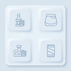 Set line Whiskey bottle and glass, Glass of whiskey, and Beer can. White square button. Vector