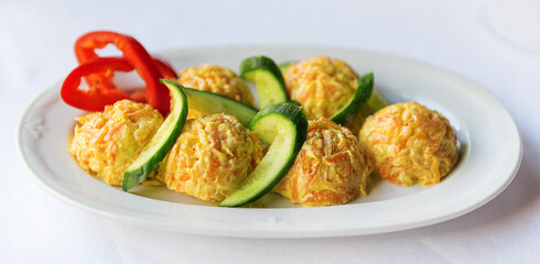 Turkish Carrot Zucchini Mixed With Yoghurt Salad Fresh Appetizer On White Plate