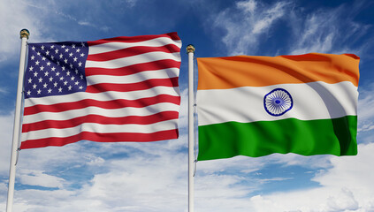 American and Indian flags over blue sky. Concept of diplomacy, agreement, international relations, trading, business between USA and India. 3D rendering.