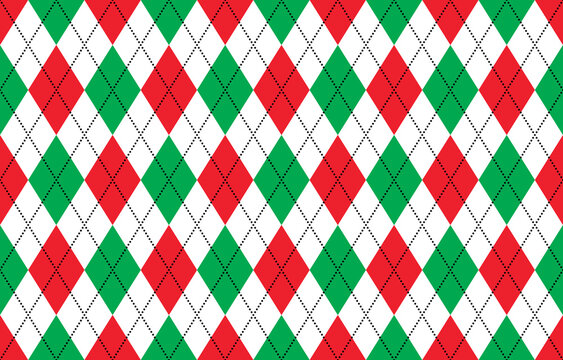 seamless arglye diamond pattern with red, green, white squares and black dotted line, christmas background vector.