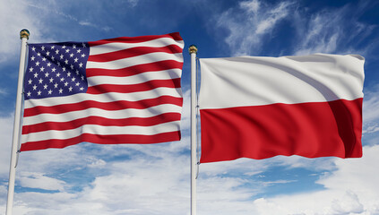 American and Polish flags over blue sky. Concept of diplomacy, agreement, international relations, trading, business between USA and Poland. 3D rendering.