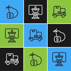 Set line Price tag for pear, Hand truck and boxes and Shopping cart on computer icon. Vector